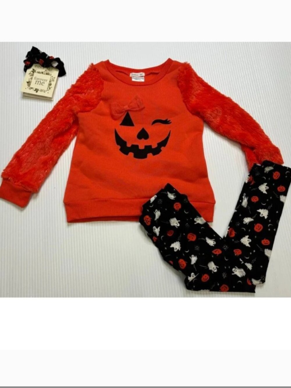 Pumpkin Halloween Shirt, Leggings, Headpiece 4T Black Orange 3 Piece Set Girls